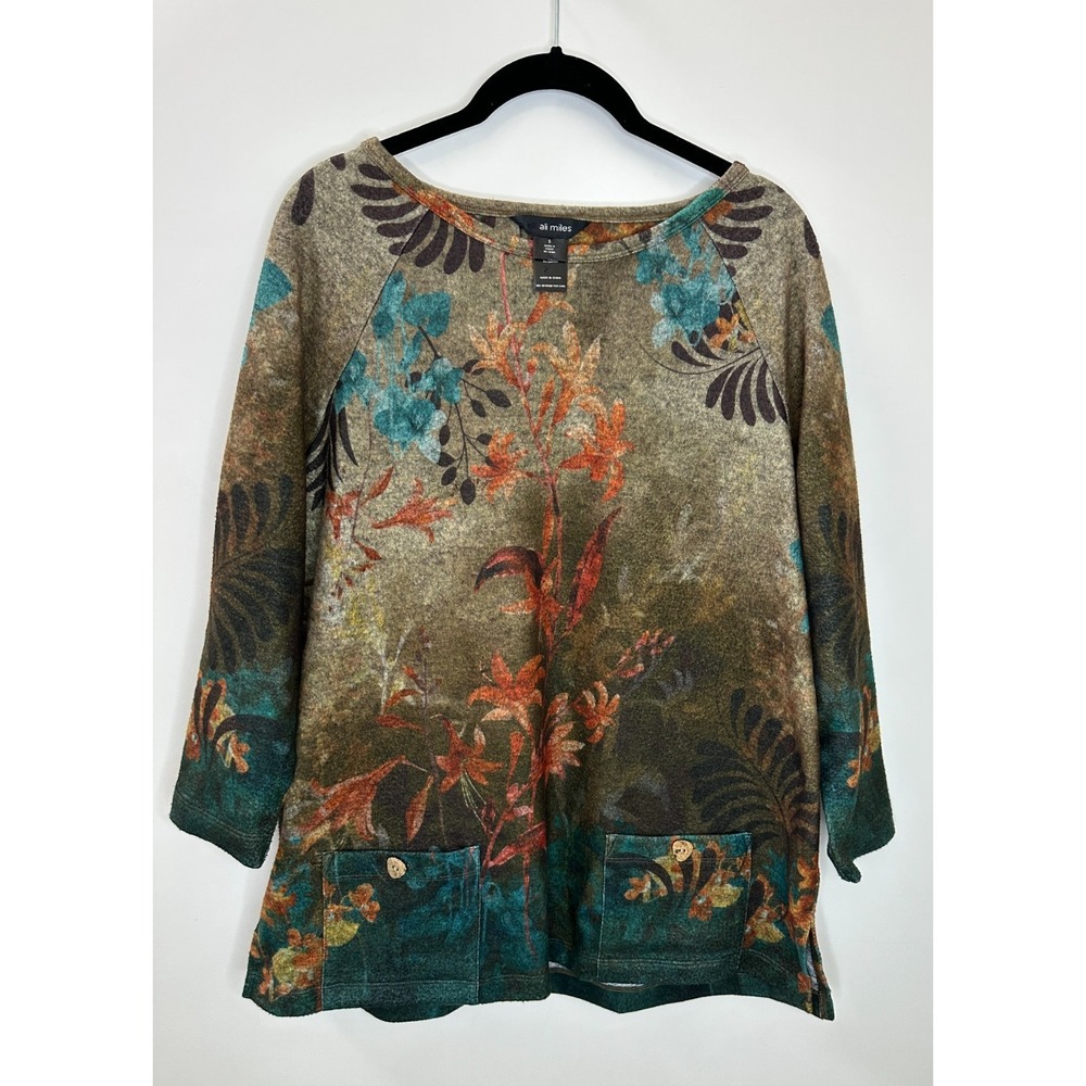 Ali Miles Brushed Soft Knit Tunic Top Pockets 3/4 Sleeve Small Autumn Fall Art - Picture 9 of 11